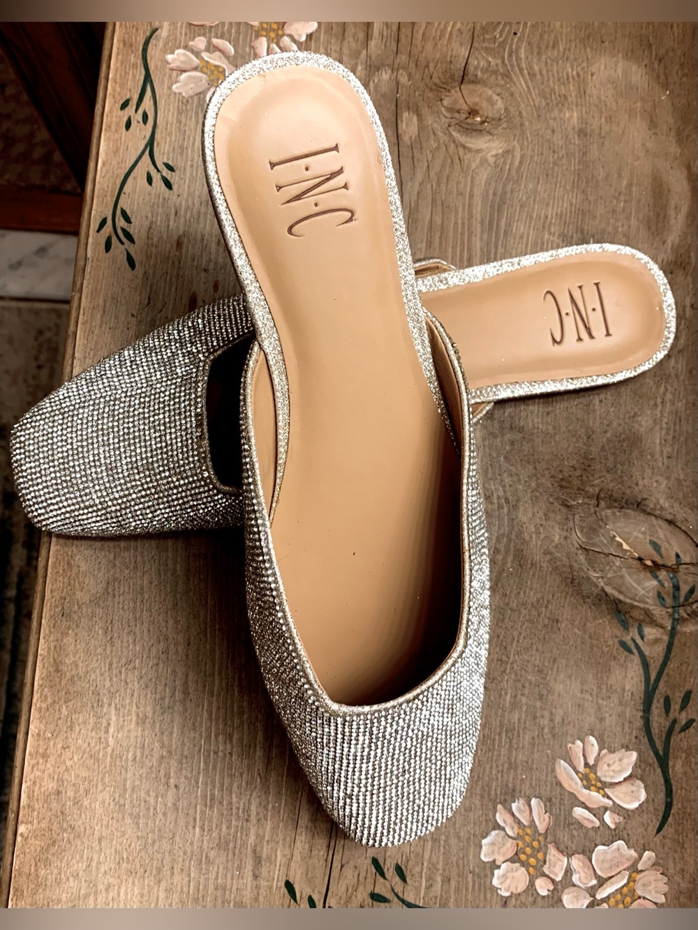 INC International Concepts Silver Rhinestone Slip-On Mules - Picture 7 of 13